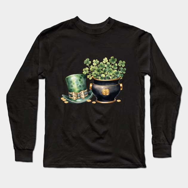 Leprechaun Hat and A Pot of Gold Coins and Clover Long Sleeve T-Shirt by mw1designsart